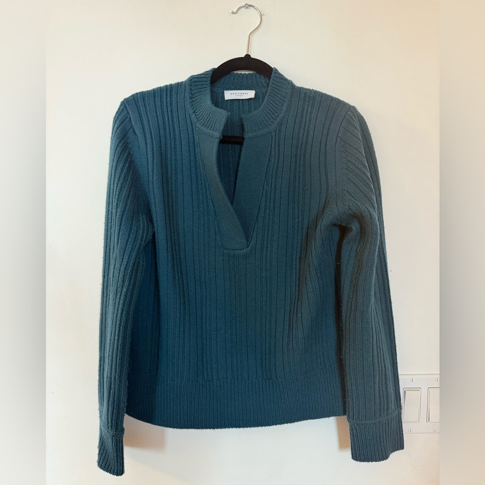 Equipment Femme Deep Teal 100% Wool Split Neck Sweater